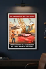 Emergency stop signal crane safety poster showing a casual wave beside a bold correct emergency stop hand signal overlay with a swinging load