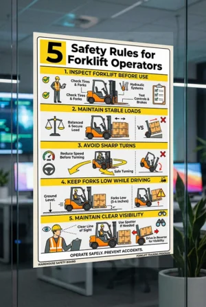 forklift safety rules poster showing forklift inspection stable loads safe turning keeping forks low while driving and maintaining clear visibility