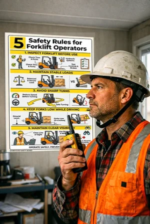 forklift safety rules poster showing forklift inspection stable loads safe turning keeping forks low while driving and maintaining clear visibility