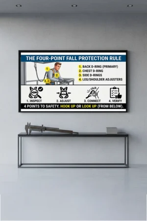 Four-point fall protection rule poster showing a worker in a full body harness with highlighted D-rings and icons for inspect, adjust, connect, and verify