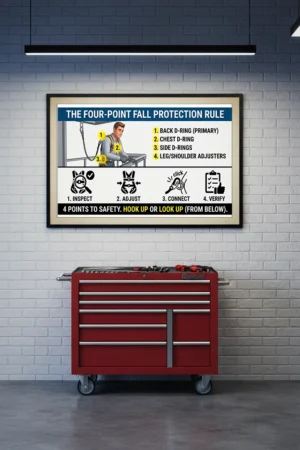 Four-point fall protection rule poster showing a worker in a full body harness with highlighted D-rings and icons for inspect, adjust, connect, and verify