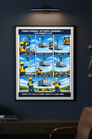 From signal to safe landing poster showing a step-by-step crane lift sequence with hoist, swing, position, lower, and safe landing on cribbing