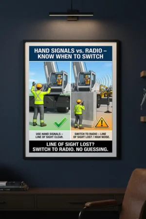 Hand signals vs radio communication poster showing clear line of sight hand signals on one side and radio use when visibility is lost on the other