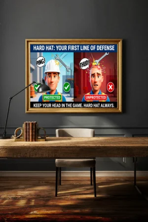 Hard Hat Safety Posters showing a technical comparison between a protected worker in a hard hat and an unprotected worker to encourage PPE compliance.