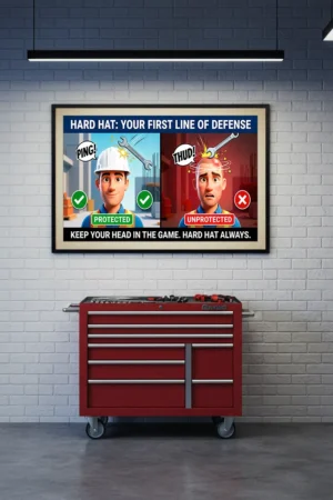 Hard Hat Safety Posters showing a technical comparison between a protected worker in a hard hat and an unprotected worker to encourage PPE compliance.