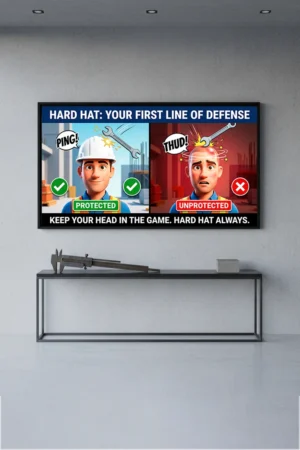 Hard hat safety poster showing a split image of a worker protected by a hard hat and an unprotected worker hit by a falling wrench