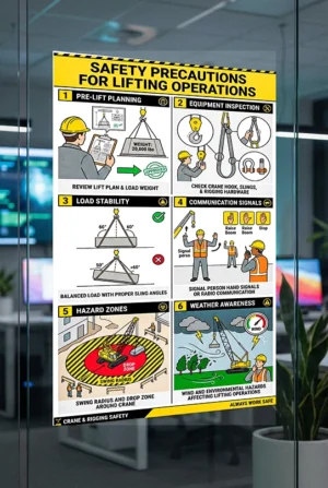lifting safety precautions poster showing safe lifting procedures including planning equipment inspection load stability hazard zones and weather awareness