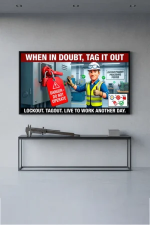 Lockout tagout safety poster showing a locked electrical panel with a danger do not operate tag and a worker giving a thumbs up