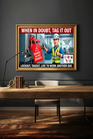 Lockout tagout safety poster showing a locked electrical panel with a danger do not operate tag and a worker giving a thumbs up