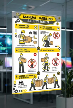 manual handling safety rules poster showing safe lifting posture load positioning and injury prevention techniques