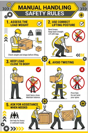 manual handling safety rules poster showing safe lifting posture load positioning and injury prevention techniques