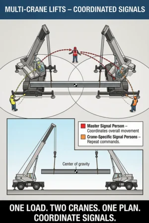 Multi-crane lift coordinated signals poster showing two cranes lifting one load with a master signal person, crane-specific signal persons, and center of gravity diagram