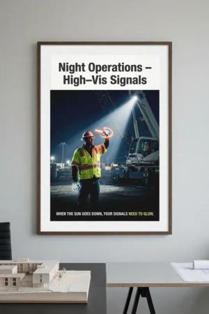 Night operations high-vis signals poster showing a signal person using illuminated wands and LED gloves in front of a crane during low-light night work