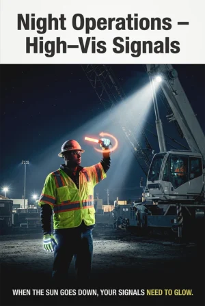 Night operations high-vis signals poster showing a signal person using illuminated wands and LED gloves in front of a crane during low-light night work