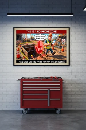 No-phone zone construction safety poster showing a distracted worker looking at a phone while walking near an open excavation with a stop warning