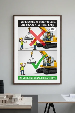 One signal person safety poster showing the danger of two people signaling at once and the safer use of one clear crane signal person