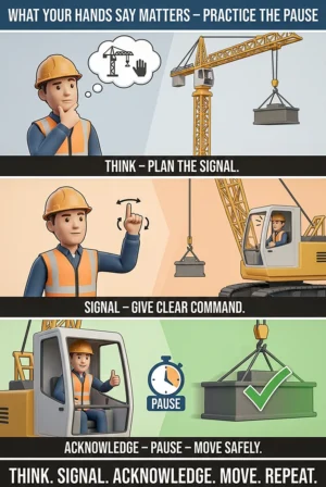 Practice the pause signal person poster showing think, signal, operator acknowledgment, and safe movement during crane communication