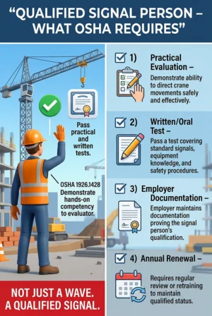 Qualified signal person OSHA requirements poster showing practical evaluation, written test, employer documentation, and annual renewal for crane safety training