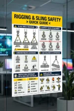rigging and sling safety poster showing sling angles hook attachment rigging inspection checklist and safe lifting signals