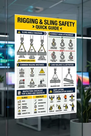 rigging and sling safety poster showing sling angles hook attachment rigging inspection checklist and safe lifting signals