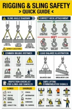 rigging and sling safety poster showing sling angles hook attachment rigging inspection checklist and safe lifting signals