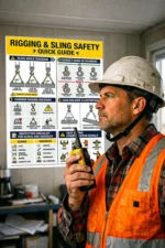 rigging and sling safety poster showing sling angles hook attachment rigging inspection checklist and safe lifting signals