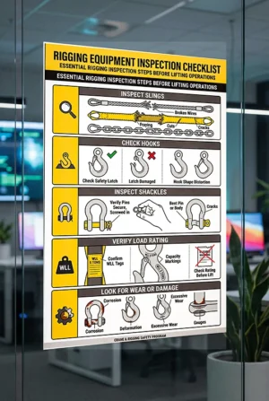 rigging equipment inspection checklist poster showing inspection steps for slings hooks shackles load rating and rigging wear before lifting operations