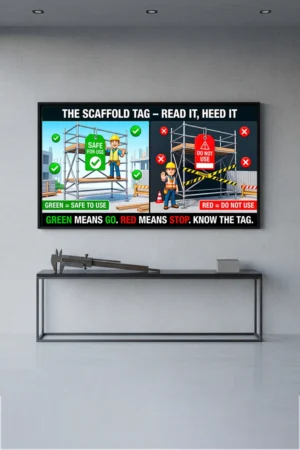 Scaffold tag safety poster showing a green safe for use scaffold tag and a red do not use scaffold tag side by side