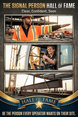Signal person hall of fame poster showing a confident signal person, an operator giving thumbs up, and a safe steel beam placement on site