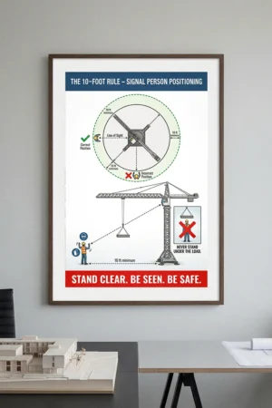 Signal person positioning poster showing the 10-foot rule, line of sight to the operator, safe distance from the load, and never standing under a suspended load