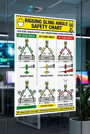 sling angle safety chart showing 60 degree 45 degree and 30 degree rigging sling angles and their effect on load tension during lifting operations