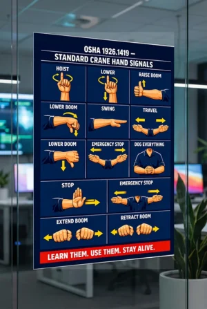 Standard crane hand signals poster showing OSHA-style crane communication signals including hoist, lower, swing, stop, and emergency stop