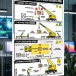 suspended load safety poster explaining crane hazard zones worker positioning and exclusion zones during lifting operations