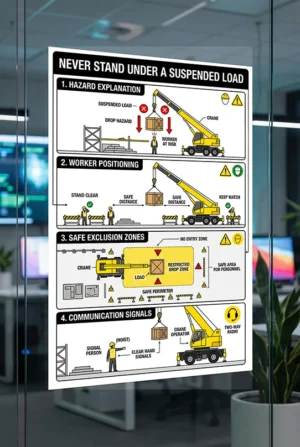 suspended load safety poster explaining crane hazard zones worker positioning and exclusion zones during lifting operations