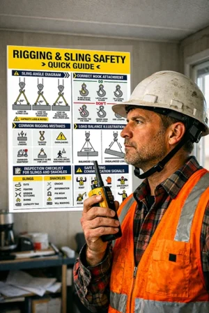 suspended load safety poster explaining crane hazard zones worker positioning and exclusion zones during lifting operations