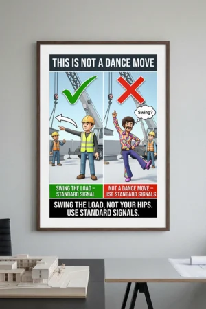 Swing signal crane safety poster showing a correct standard swing hand signal beside an incorrect dance-style gesture with a red X