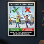 Swing signal crane safety poster showing a correct standard swing hand signal beside an incorrect dance-style gesture with a red X