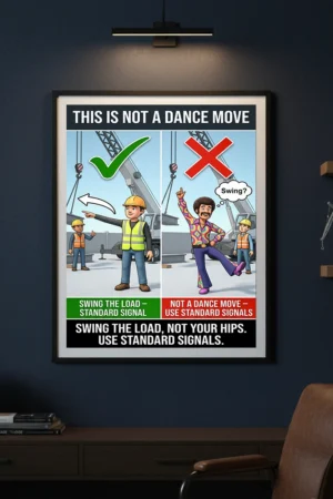 Swing signal crane safety poster showing a correct standard swing hand signal beside an incorrect dance-style gesture with a red X