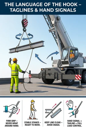 Taglines and hand signals load control poster showing a signal person guiding a suspended load with a tagline and icons for grip, stance, and clear line handling