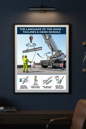 Taglines and hand signals load control poster showing a signal person guiding a suspended load with a tagline and icons for grip, stance, and clear line handling