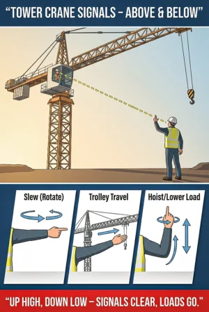 Tower crane signals poster showing tower crane operator and signal person communication for slew rotate, trolley travel, and hoist lower load