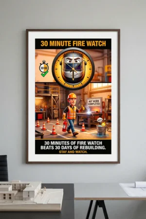 Welding fire watch safety poster showing a clock helmet and a fire watch worker patrolling for smoldering sparks.