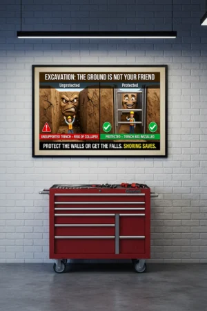 Excavation safety poster comparing a menacing, cracking unprotected trench with a happy, protected trench box installation.