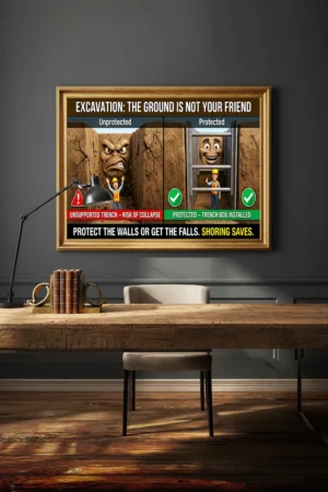 Excavation safety poster comparing a menacing, cracking unprotected trench with a happy, protected trench box installation.