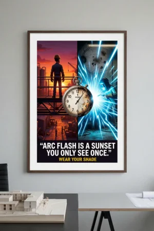 Arc flash safety poster showing a comparison between a sunset and a welding arc flash for vision protection awareness.