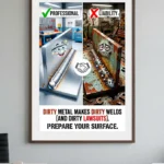 Welding Safety Posters comparing clean shiny metal welds with rusty porous welds to prevent OSHA violations.