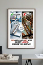 Welding Safety Posters comparing clean shiny metal welds with rusty porous welds to prevent OSHA violations.
