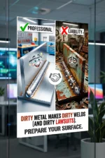 Welding Safety Posters comparing clean shiny metal welds with rusty porous welds to prevent OSHA violations.