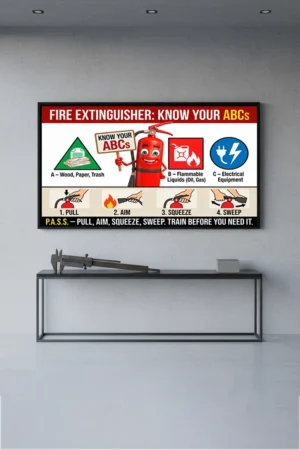 Fire Safety Posters featuring a technical guide for the P.A.S.S. method and Class A, B, and C fire extinguisher training icons.