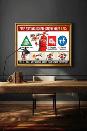 Fire Safety Posters featuring a technical guide for the P.A.S.S. method and Class A, B, and C fire extinguisher training icons.